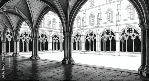 Gothic cathedral interior arches and light perspective, architectural pencil study.