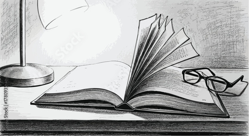 Open book and glasses on table under lamp light, still life sketch in pencil.