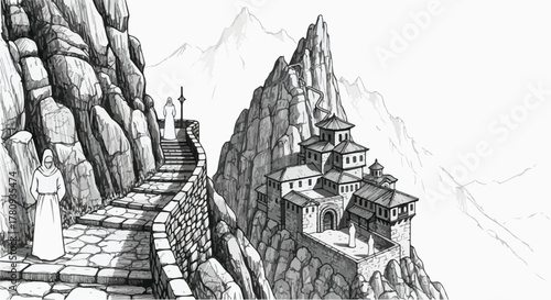 Mountain monastery pathway with stone steps, fantasy architectural drawing.