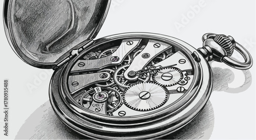 Mechanical pocket watch open showing gears, detailed technical pencil drawing.