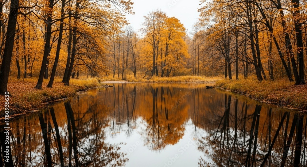 custom made wallpaper toronto digitalVibrant Golden Autumn Forest Reflected in Calm River Water