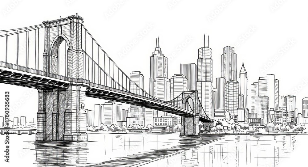 Fototapeta premium Bridge and City Skyline Sketch — Hand-Drawn Illustration of a Modern Suspension Bridge Leading to Downtown Skyscrapers in Minimalist Black and White Style