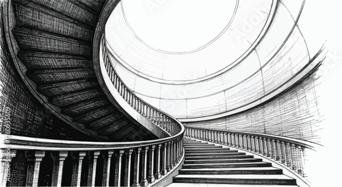 Modern spiral staircase architecture with dynamic curve, interior design sketch.