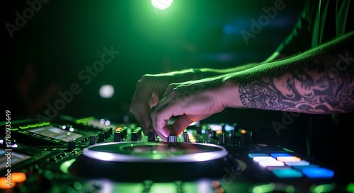 DJs tattooed hands mixing music on a turntable at a vibrant nightclub party.