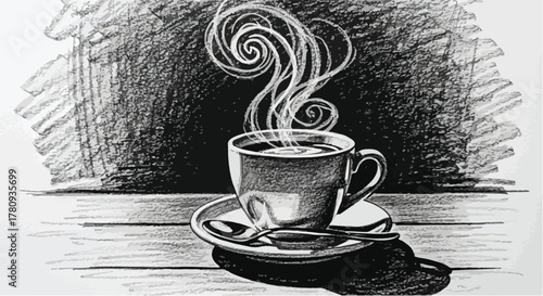Cup of coffee with steam rising, crosshatch pencil drawing still life study.