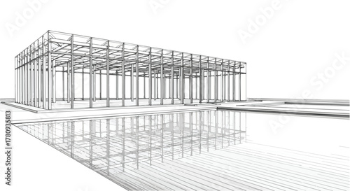 Architectural perspective of modern steel and glass pavilion structure.