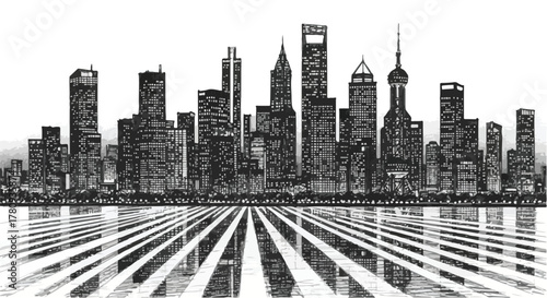 Urban skyline perspective with parallel street pattern, architectural concept sketch.