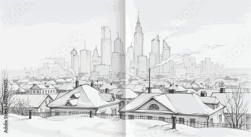 Suburban houses under city skyline, calm residential pencil drawing composition.