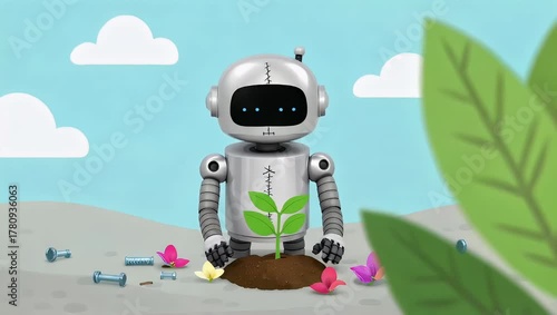 Robot Character Planting a Small Green Sapling in the Ground