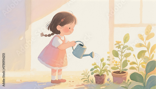 Girl Watering Plants on Sunny Windowsill — Cozy Watercolor Illustration