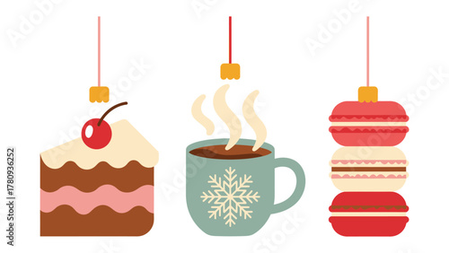 Festive Dessert Trio: This inviting illustration features a slice of cake, a warm cup of coffee, and a tower of macarons, all suspended with a cheerful design.