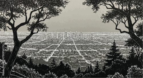 Cityscape viewed from hill under tree, panoramic pencil landscape sketch.