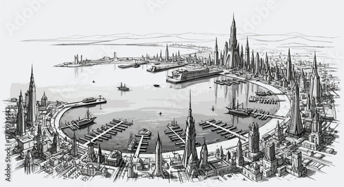 Cinematic illustration of futuristic circular city surrounded by water, monochrome architectural concept.