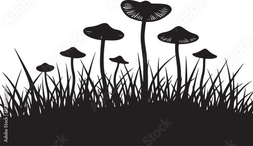 Black silhouette of mushrooms and grass on white background
