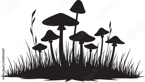 Black silhouette of mushrooms and grass on white background