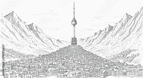 Mountain city with central communication tower, monochrome architectural illustration.