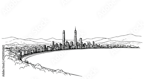 Architectural sketch of tall towers rising above dense futuristic city grid.