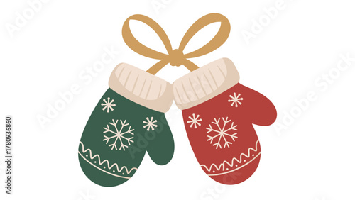 Winter Warmth: Two festive mittens, adorned with snowflake details and tied together with a ribbon. A heartwarming symbol of winter comfort and festive cheer.