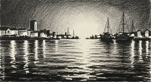 Cinematic view of futuristic dome city under glowing horizon, monochrome design.