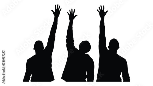 Three people silhouettes with raised arms isolated on transparent background, Vector