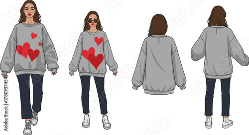 Casual fashion, heart sweatshirt, streetwear style, oversized pullover, youth outfit, playful design, front and back view, trendy apparel, urban look