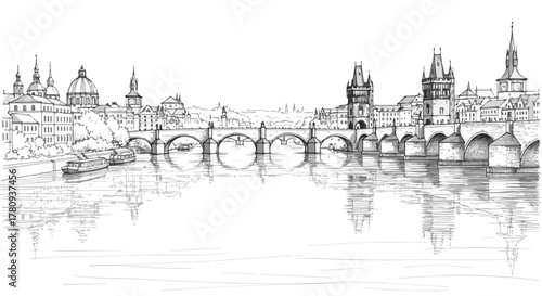 Conceptual sketch of futuristic bridge spanning over curved architectural landscape.