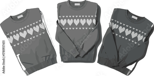 Cozy sweater illustration, heart pattern knitwear, winter fashion design, cute apparel mockup, seamless textile art, flat lay garment display