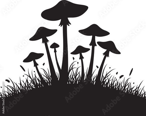 Black silhouette of mushrooms and grass on white background