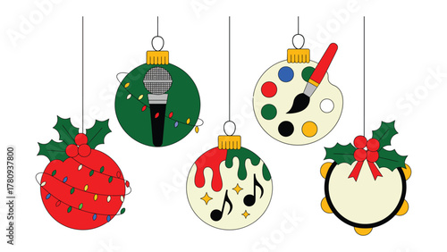 Festive Ornaments of Art & Celebration: Christmas decorations, each holding a different symbol of artistry and festivities, hanging in a row.