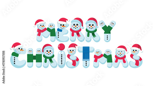 Festive Snowman Christmas: Playful snowmen shaped as letters joyfully spell out Merry Christmas, capturing the cheer of the winter holiday season.