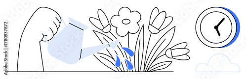 Hand pours water onto blooming flowers with droplets splashing. Clock shows time perspective. Ideal for growth, care, nurturing, patience, productivity, maintenance sustainability. Simple flat