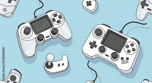 White video game controllers with wires scattered on a light blue background in an illustrative style.
