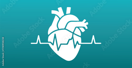 Stylized Human Heart Icon with Heartbeat Line.  Medical and Cardiology Vector Design