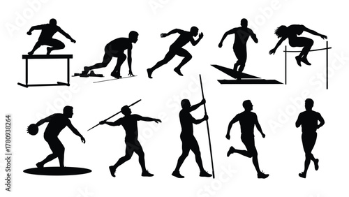 Track and field athletics silhouettes isolated on transparent background, Vector