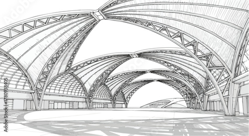 Futuristic dome building concept with curved structure and open form, modern architectural sketch.