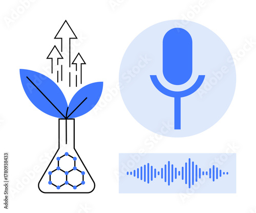 Flask with plant and arrows symbolizing growth, blue microphone for audio, sound wave visualization. Ideal for sustainability, biotech, research, innovation, AI podcasting eco-tech. Simple flat