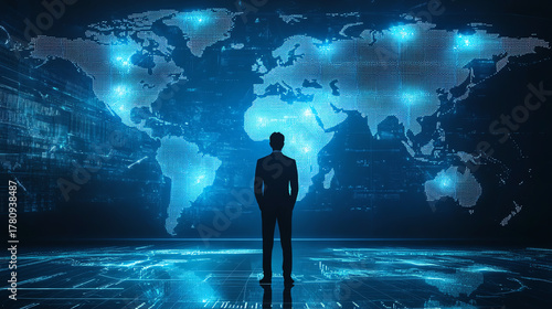 Professional standing on digital world map floor, concept of international strategy