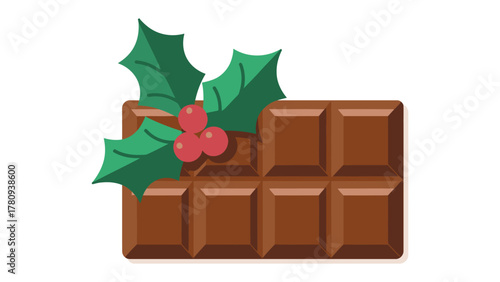 Festive Chocolate Delight: A beautifully illustrated chocolate bar adorned with a sprig of holly, creating a scene of holiday cheer and sweet indulgence.