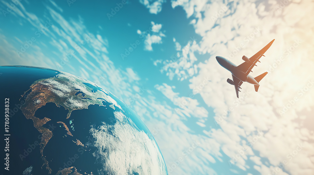 Obraz premium Minimalist composition of airplane flying over globe, concept of world trade