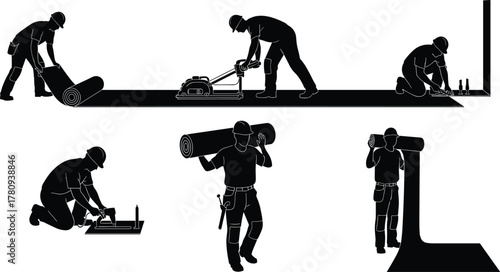 Silhouette vector illustration of workers installing carpet, stretching, trimming edges, using tools, carrying rolls, flooring work, safety, labor, teamwork, and industry