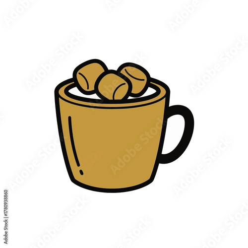 A mug of hot chocolate with marshmallows icon. Simple flat design cartoon illustration. Cozy winter beverage vector graphic