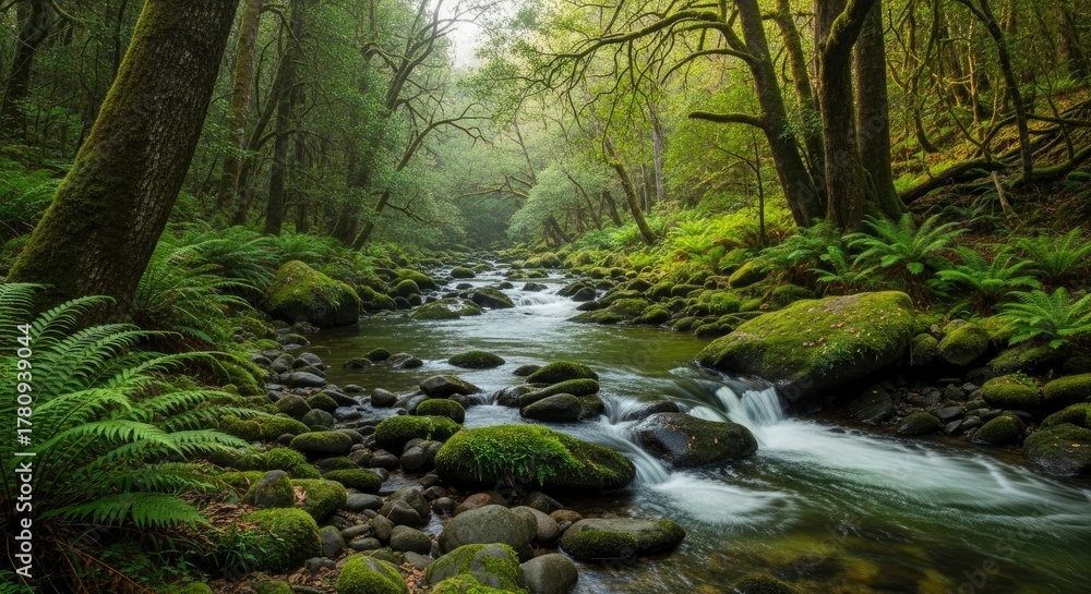 Fototapeta premium Tranquil Woodland River Flowing Through Lush Green Forest with Mossy Rocks and Ferns