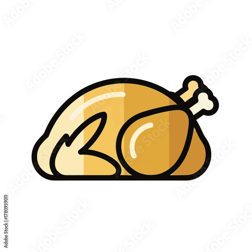 Roast chicken or turkey food icon. Flat design vector illustration for Thanksgiving dinner. Isolated poultry graphic for restaurant menus