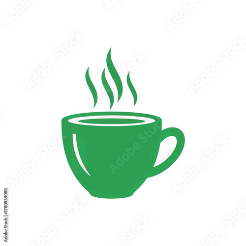 Steaming green mug vector icon with a world map design. Flat illustration of a hot coffee or tea drink. Global beverage concept symbol