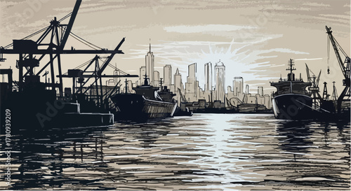 Industrial harbor with cranes and ships during sunset, modern maritime architectural drawing.