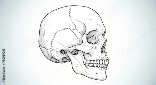 Detailed anatomical line drawing of a human skull from a side profile view.