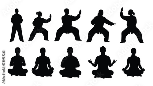 Martial arts and meditation silhouettes isolated on transparent background, Vector