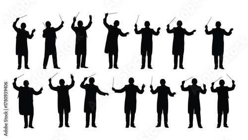Orchestra conductor silhouettes collection isolated on transparent background, Vector