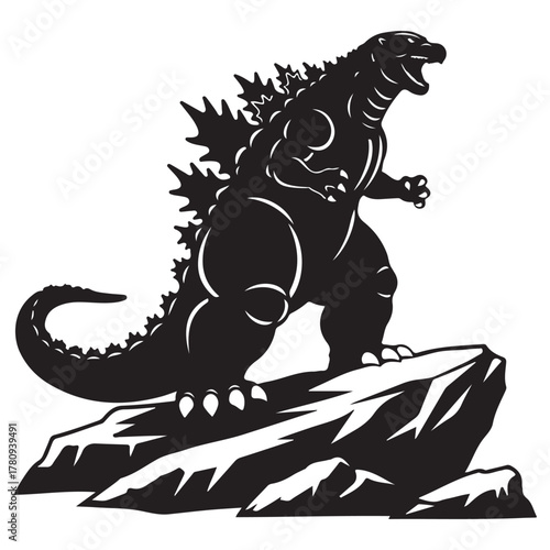 Dynamic Silhouette of a Gigantic Prehistoric Monster on a Rocky Outcrop