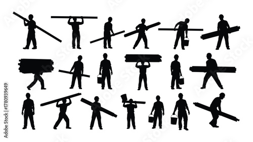 Construction workers carrying materials silhouettes isolated on transparent background, Vector